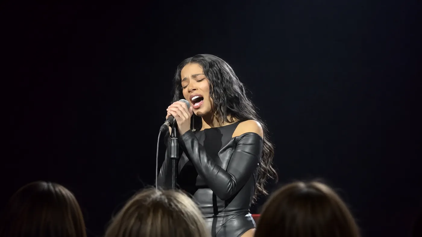 A singer performing to a room, seen over the heads of the audience